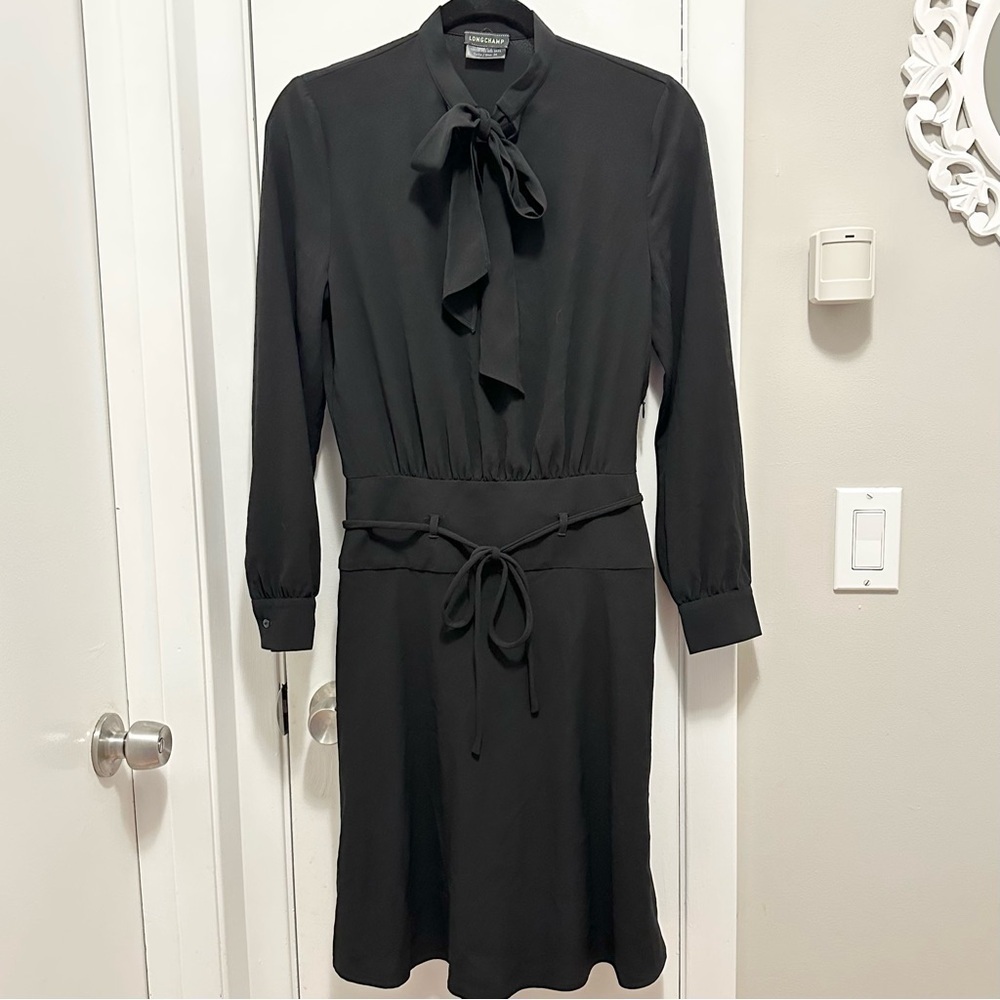 Longchamp Tie Neck Fit Flare Shirt Dress black knee length long slv stretch XS